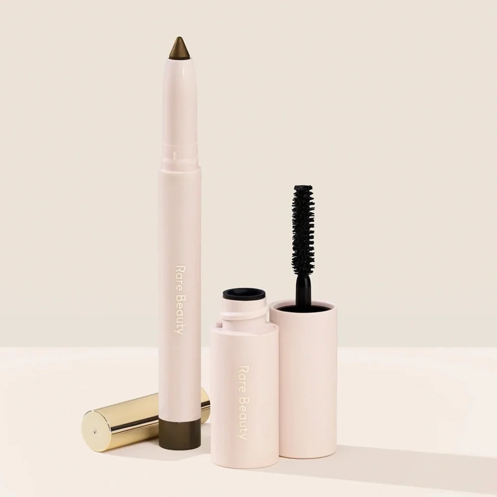 Rare Beauty Selena’s Essential Eye Duo eyeshadow deep golden olive+ mascara